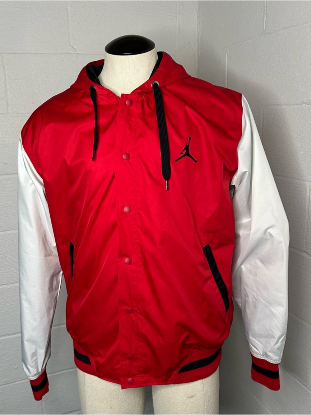 Jordan Red and White Hooded Varsity Jacket with Black Accents